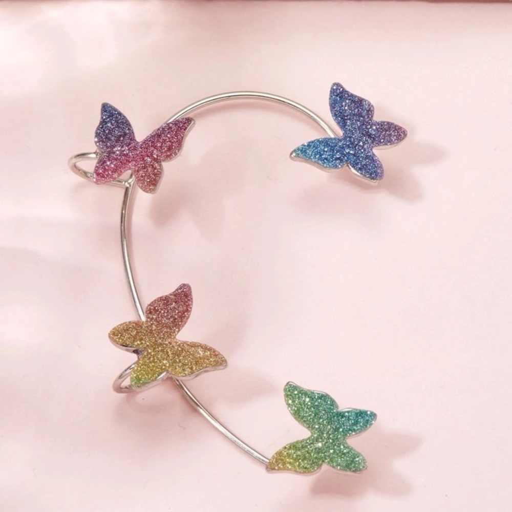 🦋 Awesome Pierce-less Right Ear Colorful Glitter Butterflies Ear Cuff Jacket 🦋 - Picture 2 of 3